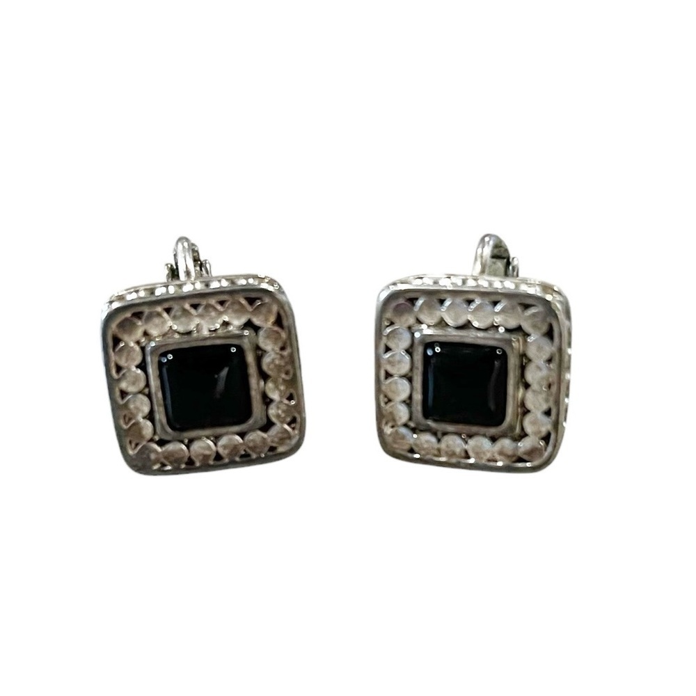 Napier Clip On Earrings Black Glass Silvertone Rhinestones Square Screw Back